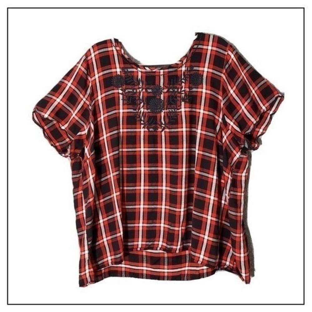 Lane Bryant Top Women 22 Red Plaid Embroidered Boho Peasant Cottagecore Blouse